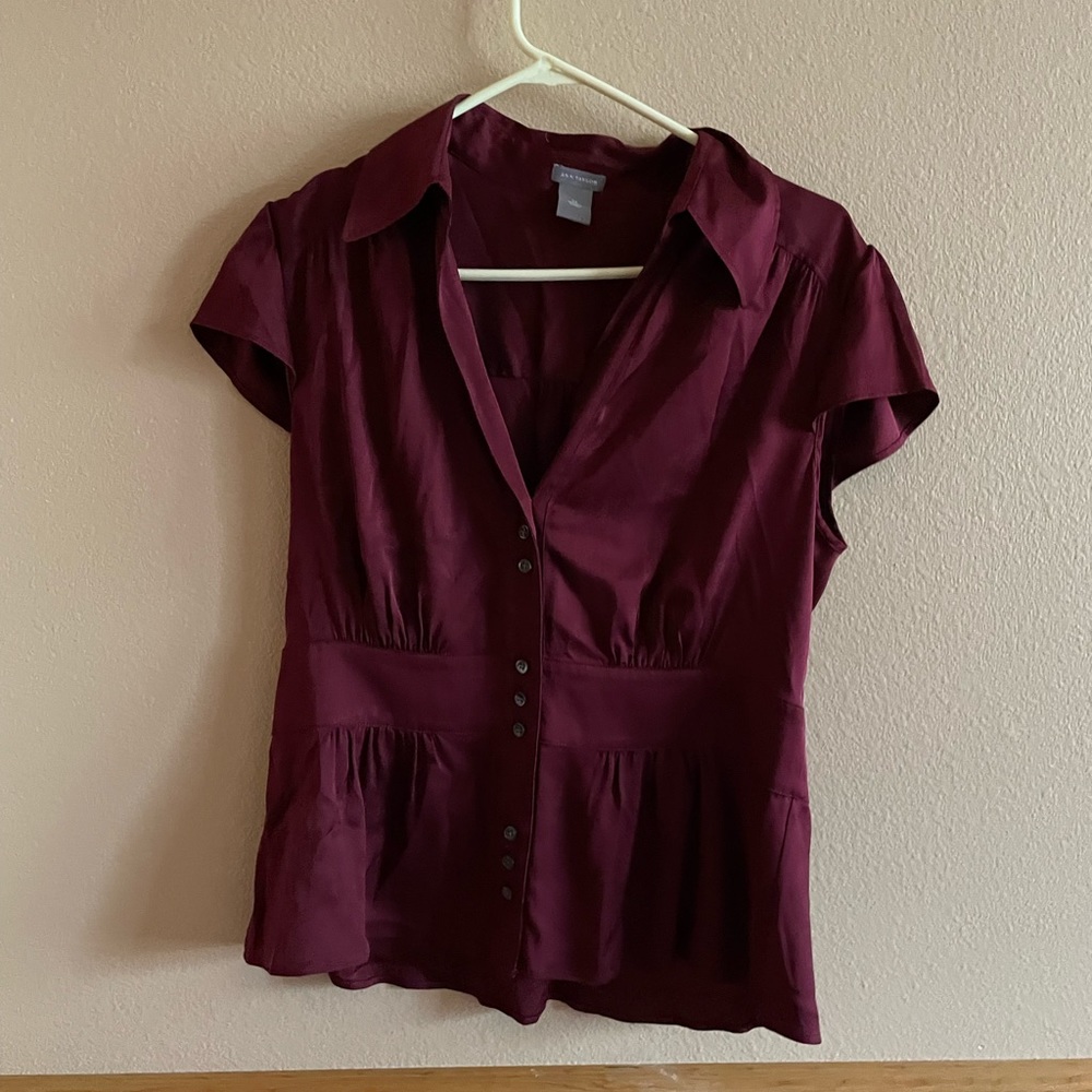 Ann Taylor Burgundy Pleated Button-up Silk Blouse